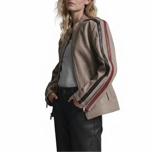 Veste de course pour femme Leathertex, en cuir d'agneau beige de qualité supérieure, manches longues, avec rayures bordeaux et noires, taille XS - Product Image 2