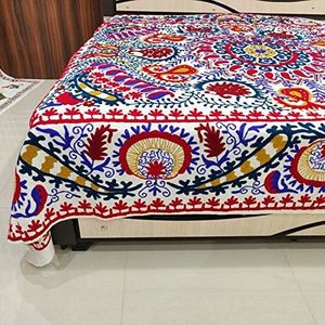 Indian Suzani Embroidery Bedspread Ethnic Art Cotton <b>Bed</b> <b>Sheet</b> Pillow Cover Duvet with Uzbek Design Handmade Embroidered Blanket - Product Image 5