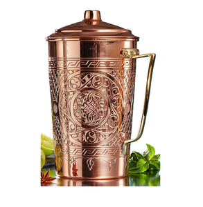 Intricate mandala engraved copper flask <b>container</b> features a tight top lid and slim brass handle, available at wholesale price. - Product Image 1