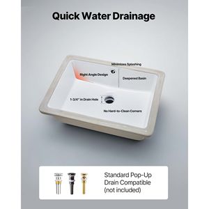 Lavabo Rettangolare da Incasso in Ceramica Bianca 18,5 x 13,19 Pollici con Foro per Troppopieno, Design Moderno da Appoggio - Product Image 5