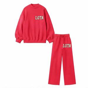 Premium Quality <b>Red</b> Knitted Sweatsuit Crew Neck Long Sleeve Loose Fit <b>Glitter</b> Print Letter LOTA Casual All Seasons Set For Women - Product Image 1