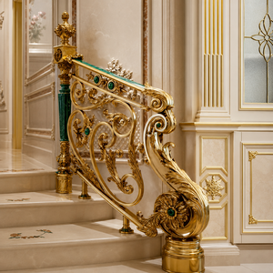 Rampe d'escalier de luxe en fer forgé doré avec tête de bœuf, balustrade ornementale et main courante en marbre pour villa et hôtel - Product Image 1