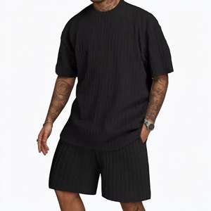 New Men's Solid Color Casual Outfit <b>Knit</b> Short Sleeve & Shorts <b>Set</b> Lightweight Beachwear Elastic Waist Summer Relaxation - Product Image 5