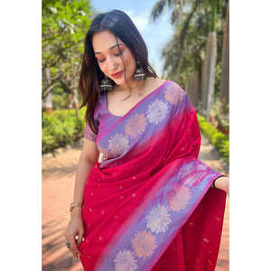 ผ้าส่าหรีถักลายดอกไม้ผ้าไหมนุ่มสีชมพูสุดหรูผ้า Zari - Product Image 2