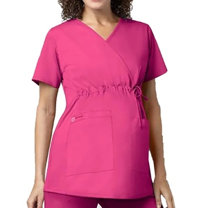 Women Maternity <b>Scrub</b> <b>Top</b> Pink V-Neck Wrap Front Drawstring Pocket Hospital Uniform Workwear Cotton Polyester Blend - Product Image 1