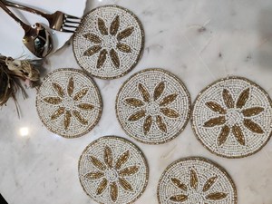 Handmade Beaded Flower Coaster Set of 1 Luxury Style Reusable Eco-Friendly Washable <b>Bar</b> <b>Mats</b> White and Gold Mosaic Design - Product Image 1