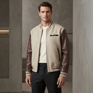 <b>Men</b> Cream Wool <b>Leather</b> Sleeve Bomber <b>Jacket</b> <b>Brown</b> Crocodile Texture Custom Embroidered Premium Streetwear - Product Image 3