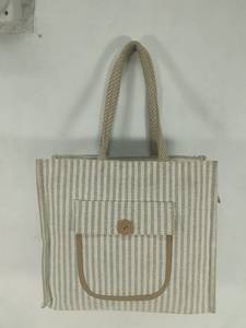Natural Striped Jute <b>Tote</b> <b>Bag</b> with Front Pocket <b>Zipper</b> Closure Wedding Reusable Eco-Friendly Shopping <b>Bag</b> with Long Rope Handles - Product Image 1
