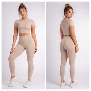 Conjunto de 2 piezas de top corto de manga corta y leggings de cintura alta para mujer, de elastano y poliéster, para yoga, con cuello redondo, capa base - Product Image 5