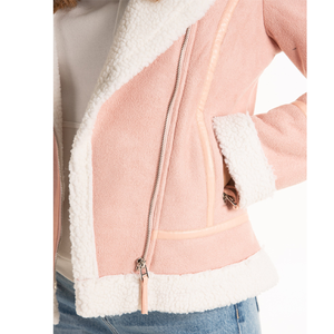 Women's Pink Faux Leather Bomber Jacket With <b>Fur</b> <b>Trim</b> Collar And Cuffs Winter Thick Windproof Coat - Product Image 5