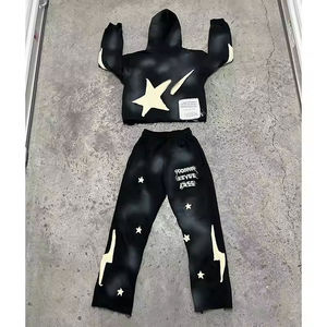 ชุดเซ็ตเสื้อฮู้ดดี้โอเวอร์ไซส์พิมพ์ลายผ้าฝ้าย 100% สองชิ้นสำหรับผู้ชาย เสื้อฮู้ดดี้แบบสวมหัวสั่งทำพิเศษ กางเกงขายาวทรงตรงขากว้าง - Product Image 3