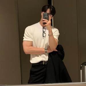 Camiseta de Manga Corta para Hombre, Ajustada, de Verano, de Mezcla de Algodón y Acrílico, Estilo Casual, Talla Grande, Transpirable, con Tejido Acanalado, de Fábrica OEM - Product Image 4