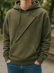 <b>Men's</b> Plus Size Olive <b>Green</b> <b>Hoodie</b> Asymmetric Zipper Fleece Pullover Sweatshirt with Kangaroo Pocket Autumn - Product Image 2