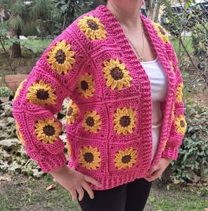 Women's Crocheted Pink Sunflower Cardigan V-Neck Bohemian Style Full Sleeve Spring Floral Knit Sweater - Product Image 2