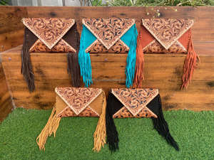 Southwest Cowgirl Trendy Fashion Women's Hand Tooled Suede Leather Crossbody Fringes Bag Western Style Envelope Clutch Bags - Product Image 4