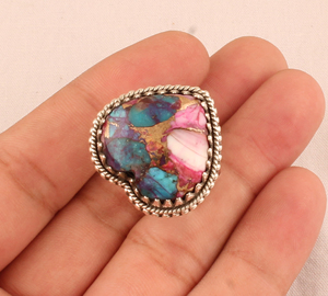 Handmade Pink Oyster Vintage <b>Ring</b> <b>925</b> <b>Silver</b> Brass Mixed Metal Antique Style Oval Cabochon Stone <b>Ring</b> High Quality Artisan - Product Image 2