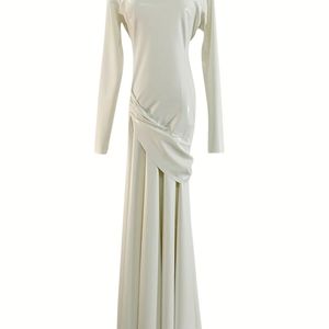 Elegant <b>White</b> PU <b>Long</b> Sleeve High Neck Asymmetric Floor-Length Sheath <b>Dress</b> Formal Wear - Product Image 2