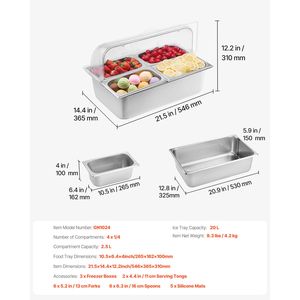 Vassoio da banco in acciaio inox a 4 scomparti per servire e presentare alimenti, con dispenser per condimenti e espositore per buffet - Product Image 4
