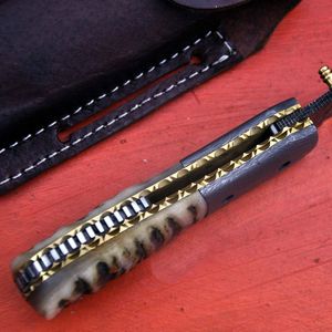 Cuchillo de Caza de Acero de Damasco con Hoja de Punta Caída y Mango de Hueso, Herramienta Plegable de Supervivencia para Exteriores con Perilla para el Pulgar - Product Image 6