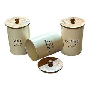 Ensemble de 3 boîtes de rangement hermétiques écologiques en métal et en bois pour sucre, café et thé avec couvercles décoratifs pour la cuisine - Product Image 3