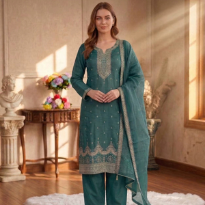 Traje Salwar Kameez de Seda sin Coser con Bordado y Lentejuelas, Estilo Moderno para Fiestas, Bodas, Diwali y Graduaciones - Product Image 1