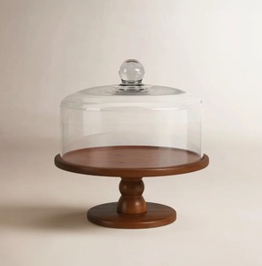 Elegant Wood Cake Stand With Glass Dome Cover Round Reusable For Displaying Cakes At Best Price - Product Image 2