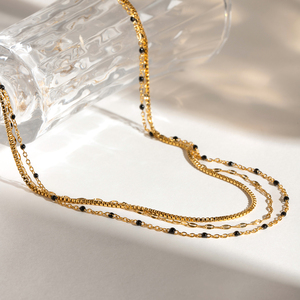 Womens Stainless Steel 3-Tier Mini Black Enamel Bead <b>Rope</b> <b>Chain</b> 14K Gold Plated 18inches Wedding Necklace - Product Image 4