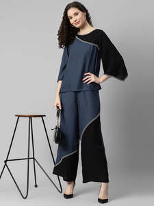 Ensemble élégant pour femme : Haut uni en rayonne longueur cheville et pantalon palazzo assorti – Combinaison longue tendance style occidental - Product Image 1