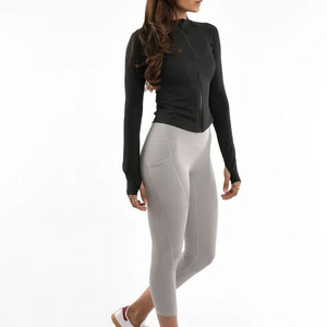 New Latest <b>Women</b> Full Zipper Collar Design Arm Hole <b>Long</b> Sleeve <b>Shirt</b> Fitness Yoga Top Short Length Gym Muscle Fit High Collar - Product Image 5