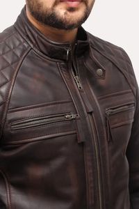 <b>Men's</b> <b>Brown</b> Genuine <b>Leather</b> Breathable Windproof Moto <b>Jacket</b> Stand Collar Zipper Closure Slim Fit Regular Length Winter Wear - Product Image 2