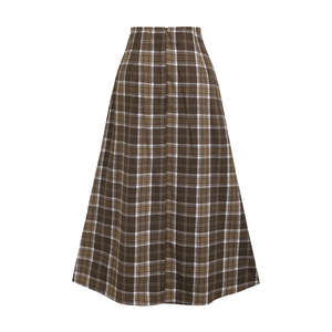 Jupes longues évasées vintage en laine à carreaux marron pour femmes, taille haute, boutons latéraux, pour l'automne et l'hiver - Product Image 2