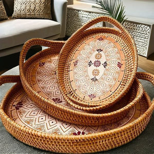 Bandeja de Mimbre Hecha a Mano Redonda, Bandeja de Estilo Bohemio, Mesa de Centro Decorativa, Bandeja de Té y Cóctel, Regalo Natural para Decoración del Hogar - Product Image 4