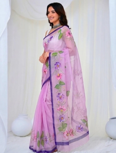 Sari traditionnel d'automne en coton mélangé Kota Doria, imprimé floral à la main, réversible et infroissable, pour femme, avec chemisier non cousu - Product Image 2