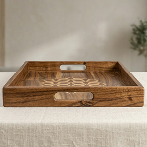 Bandeja de Servir Grande de Madera de Acacia con Incrustaciones Geométricas Intrincadas, Diseño Moderno para Ramadán, Diwali, Bodas y Otras Ocasiones - Product Image 2