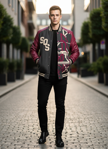 Veste de sport en laine et cuir sur mesure pour homme - Charbon, Magenta et Crème - Broderie en chenille - Product Image 2