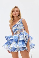 Robe midi élégante à motif floral, robe de soirée bleue à motif floral, robe midi skater en organza d'été, robe de cocktail midi de luxe à motif floral
