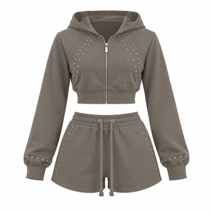 Custom Crop <b>Top</b> Hoodie Set With Silver <b>Rhinestones</b> Cotton Fleece Shorts for Women's Fashion Retailers - Product Image 2