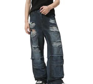Pantalon en jean déchiré à jambes larges pour homme, style streetwear, taille élastique, en coton - Product Image 4
