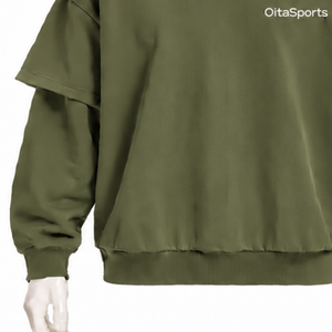 Sweat-shirt à capuche vert olive double couche, coupe oversize, manches superposées, épaules tombantes, épais, style streetwear décontracté - Product Image 5
