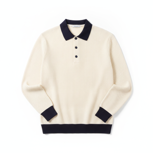 Polo en tricot à manches longues pour homme, couleur crème avec col et poignets bleu marine, style preppy, couleur unie, boutons sur le devant - Product Image 1