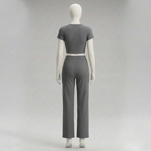 Ensemble 2 pièces personnalisé pour femme, col montant, haut court, pantalon long, tenue de sport décontractée, grande taille pour l'hiver, 100% coton uni - Product Image 2