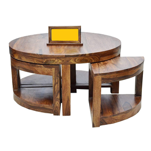 Mesa de Centro de Madera de Teca con Acabado Natural, Superficie Redonda, Estilo Moderno, para 4 Personas - Product Image 3