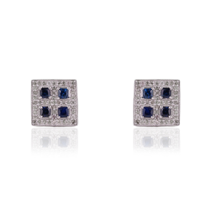 Handmade Solid 925 Sterling Silver Princess Cut Natural Blue Sapphire & Diamonds Accent Square Shape <b>Stud</b> <b>Earrings</b> - Product Image 1