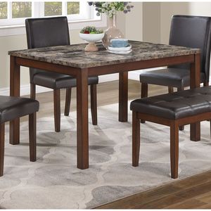 Classic Stylish Espresso Finish 5pc Dining <b>Set</b> Faux Marble Top <b>Table</b> <b>Bench</b> 3x Chairs Faux Leather Cushions for Kitchen Dinette - Product Image 3