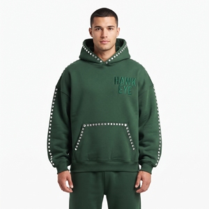 Sudadera con Capucha Verde Bosque de Alta Calidad al por Mayor, con Pedrería, Ajuste Relajado, Hombros Caídos, Informal, de Algodón y Forro Polar - Product Image 1