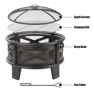 Brasero rond d'extérieur en métal pour bois avec écran anti-étincelles et pioche pour patio et jardin - Product Image 5