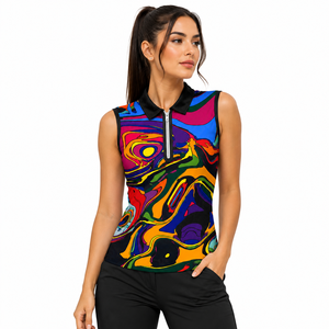 Camiseta de Golf para Mujer al Mejor Precio, Sin Mangas, Estampado Abstracto, Cierre Frontal con Cremallera, Deportiva, de Secado Rápido, 100% Poliéster Tejido - Product Image 1