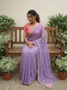 Sari de Seda con Estampado Digital Colorido de NiMa Creations, Borde Bordado, Tradicional Indio, para Bodas, Fiestas, Diwali, para Mujer, Talla Regular - Product Image 2