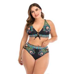 Women's Plus Size Paisley Print Bikini Set <b>Crossed</b> Halter <b>Top</b> High Waist Bottom Spandex Polyester Swimwear - Product Image 3