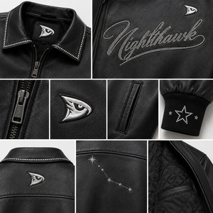 Nighthawk Embroidered PU Leather Bomber <b>Jacket</b> Men's Moto Style Zip Front Black <b>Star</b> Cuff Design - Product Image 5